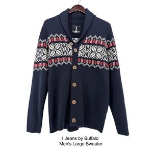 Men's Large Shawl Collar Fair Isle Ski Alpine Winter Cardigan Navy Blue Sweater